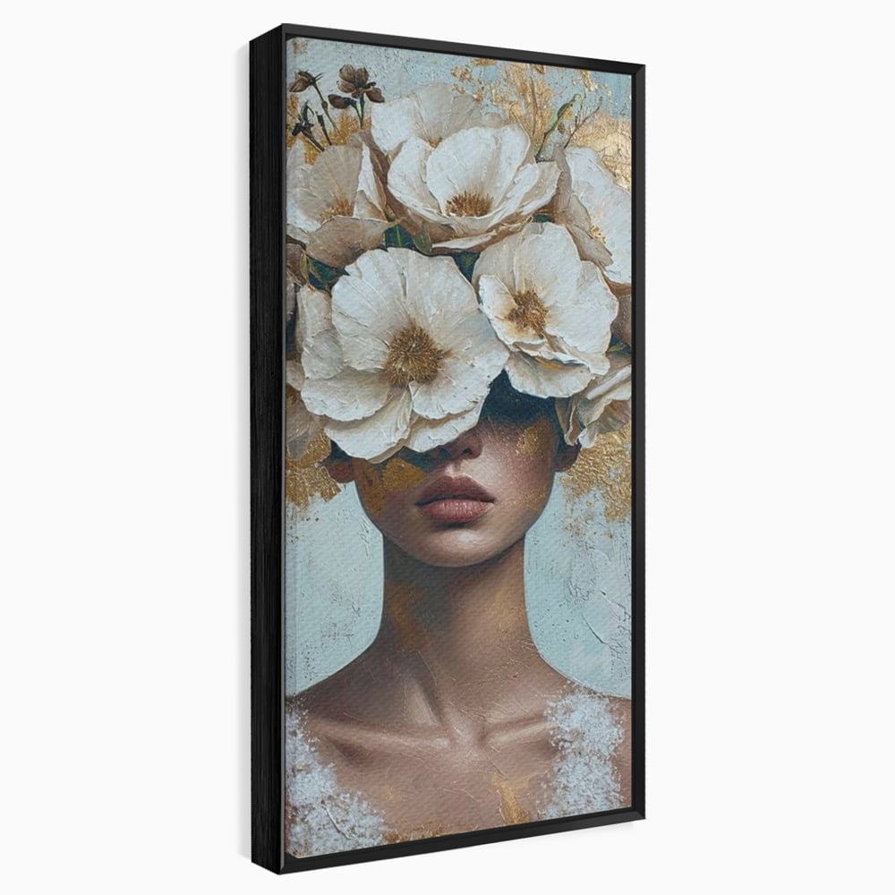 Tablou canvas cu tablou portret femeie cu flori albe, in rama de aluminiu negru